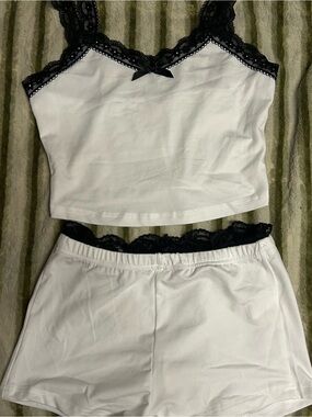 White Lace-Trim Camisole & Shorts Sleep Set with Black Accents